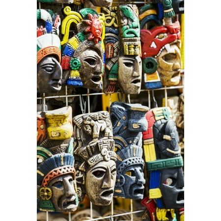 Mask Display Stand Close up of colourfully painted Mayan masks hanging on display Akumal Quintana Roo Mexico Stretched Canvas - Michael Interisano Design Pics (12 x 19) ()