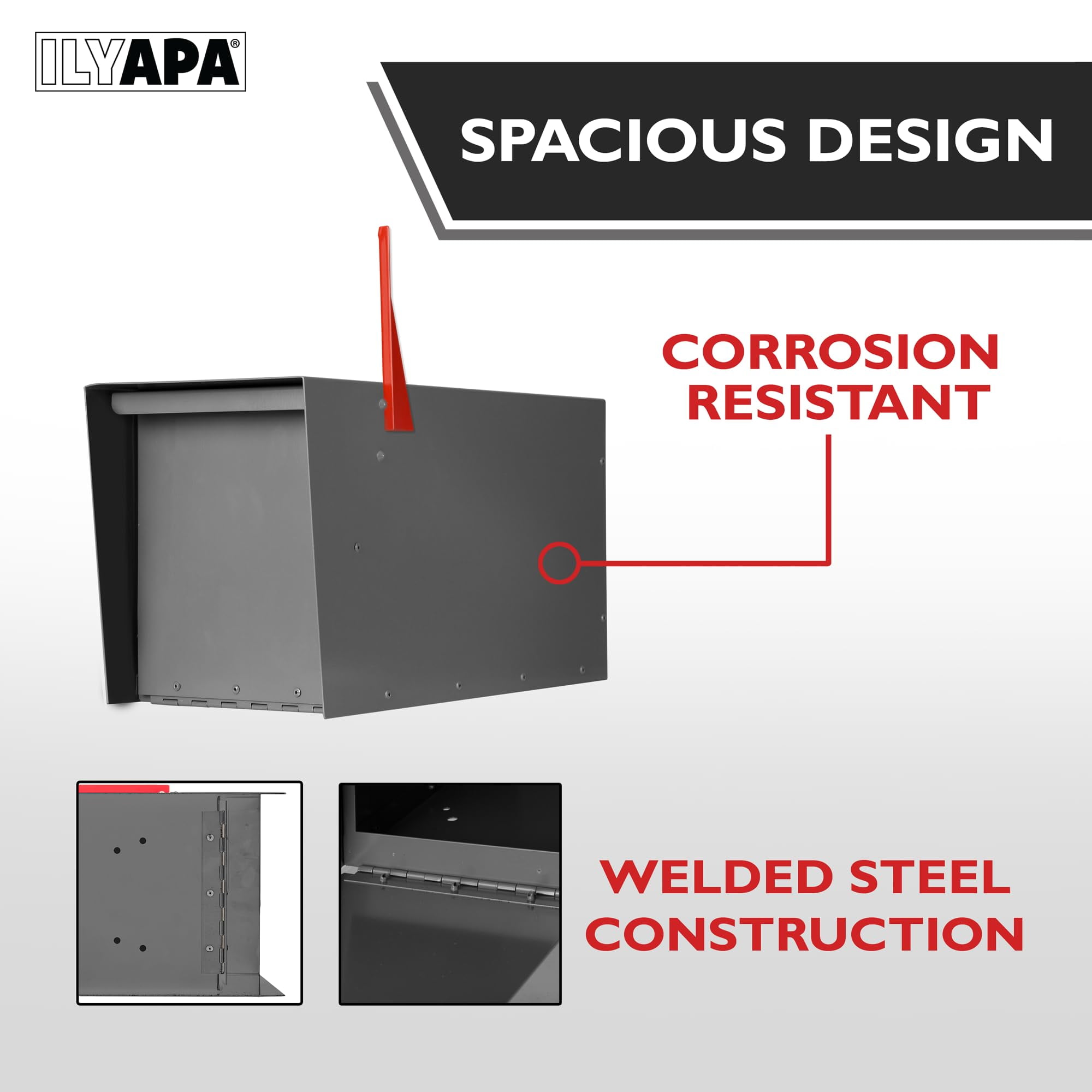 Ilyapa Modern Mailbox for Post Mount - Gray with Gray Door Powder Coated Steel, Waterproof Letter Box for Parcels, with Recessed Magnetic Close Door