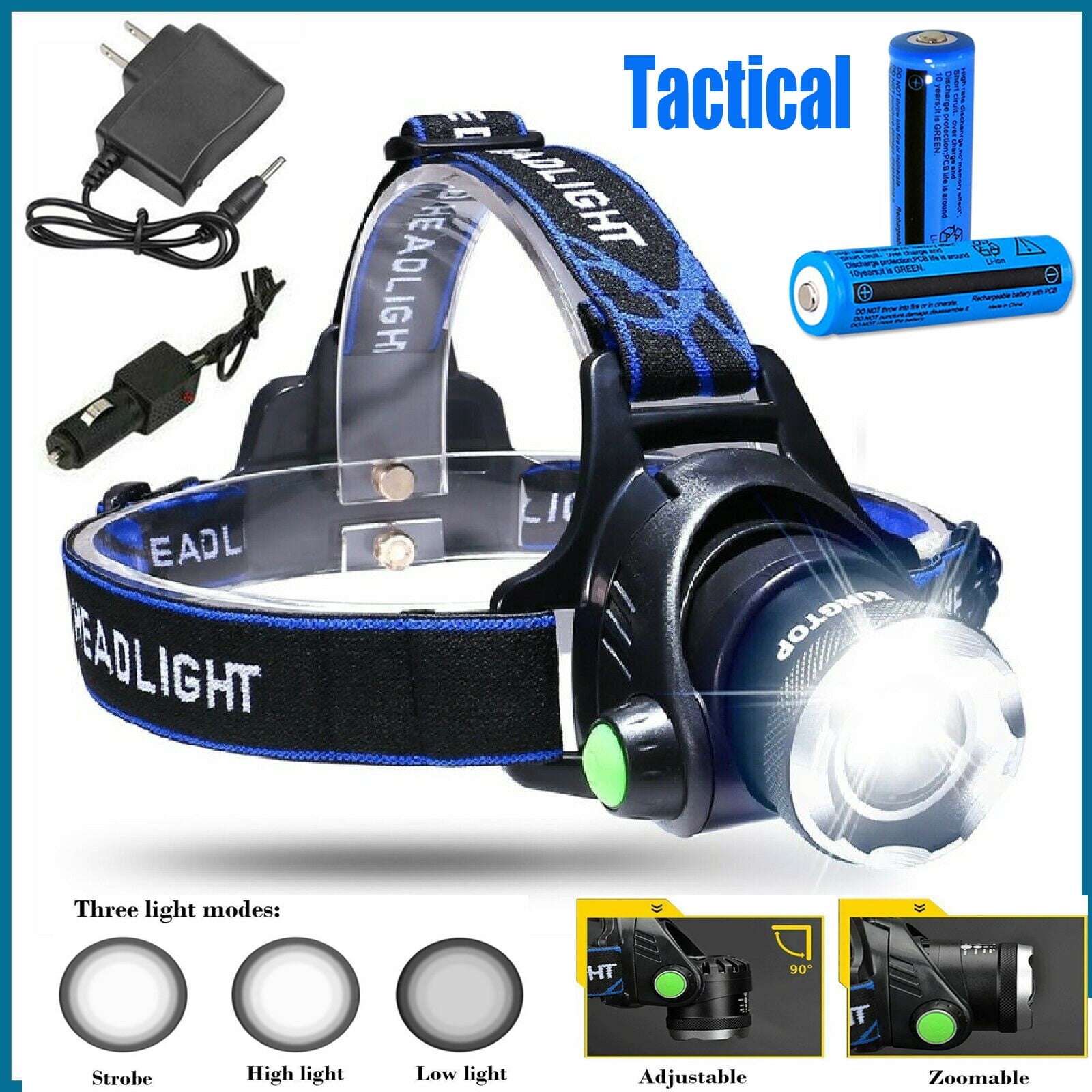 Rechargeable LED Headlamp Zoomable Waterproof Aluminum Alloy Headlight with Batteries and Charger for Camping Hiking Fishing Running