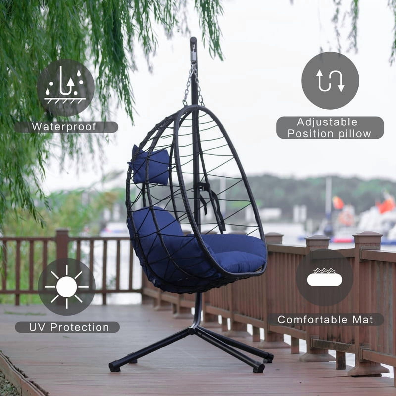 Hanging Egg Chair with Stand, Outdoorn Wicker Egg Swing Chair with Cushion, Heavy Duty Patio Hammock Chairs for Garden Backyard Balcony Bedroom