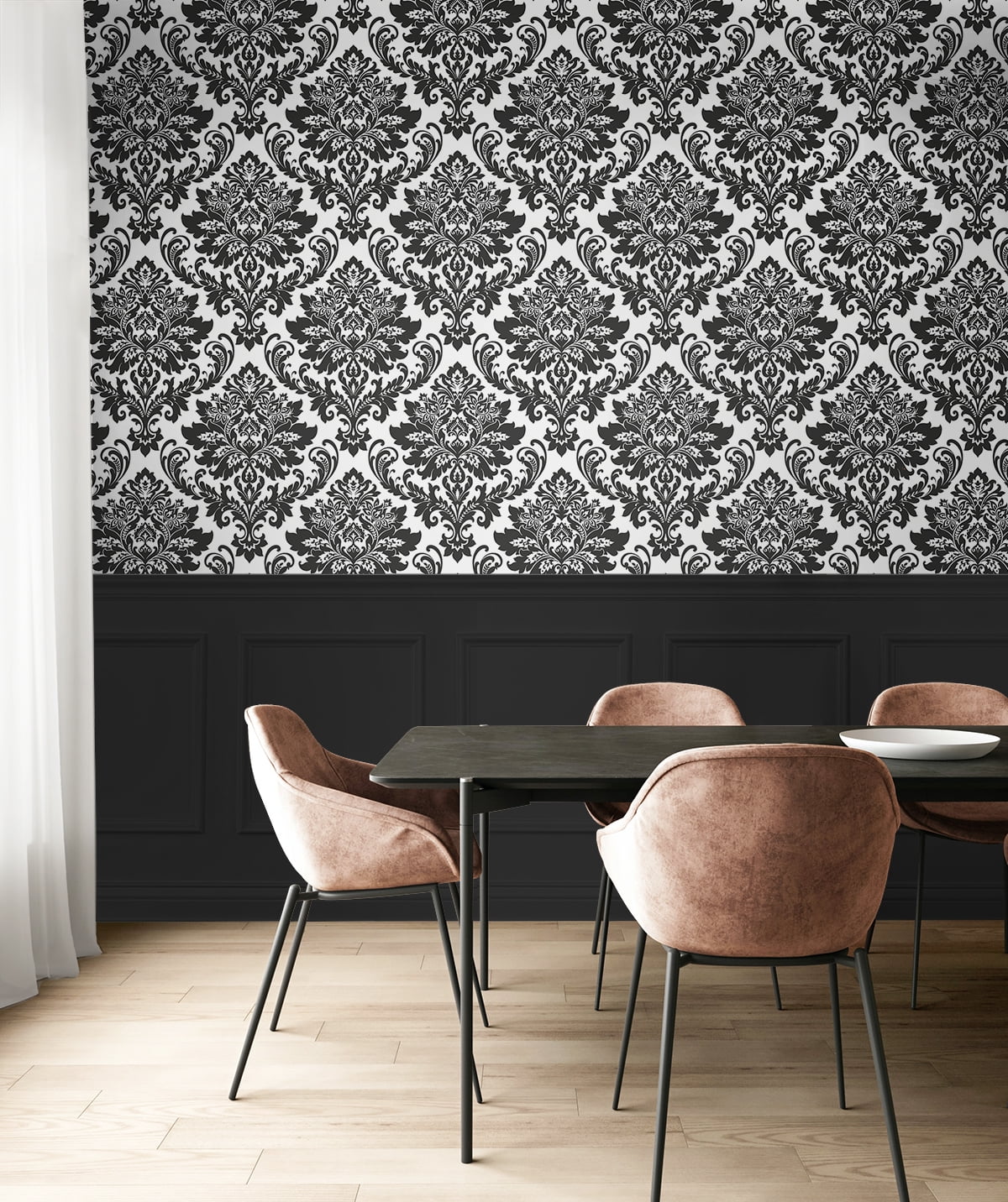 NextWall  Black Damask Peel and Stick Removable Wallpaper - 20.5 in. W x 18 ft. L