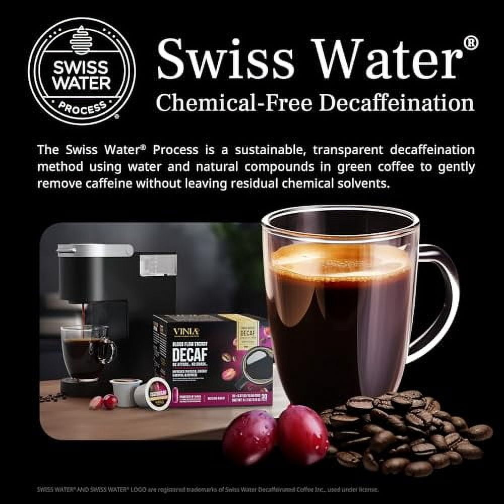 VINIA Blood Flow Coffee DECAF - Medium Roast Superfood Coffee Pods, Swiss Water Process Powered by Red Grape Piceid Resveratrol Boost Energy Keurig Compatible K-Cup Coffee Pods, Caffeine Free, 30 Ct