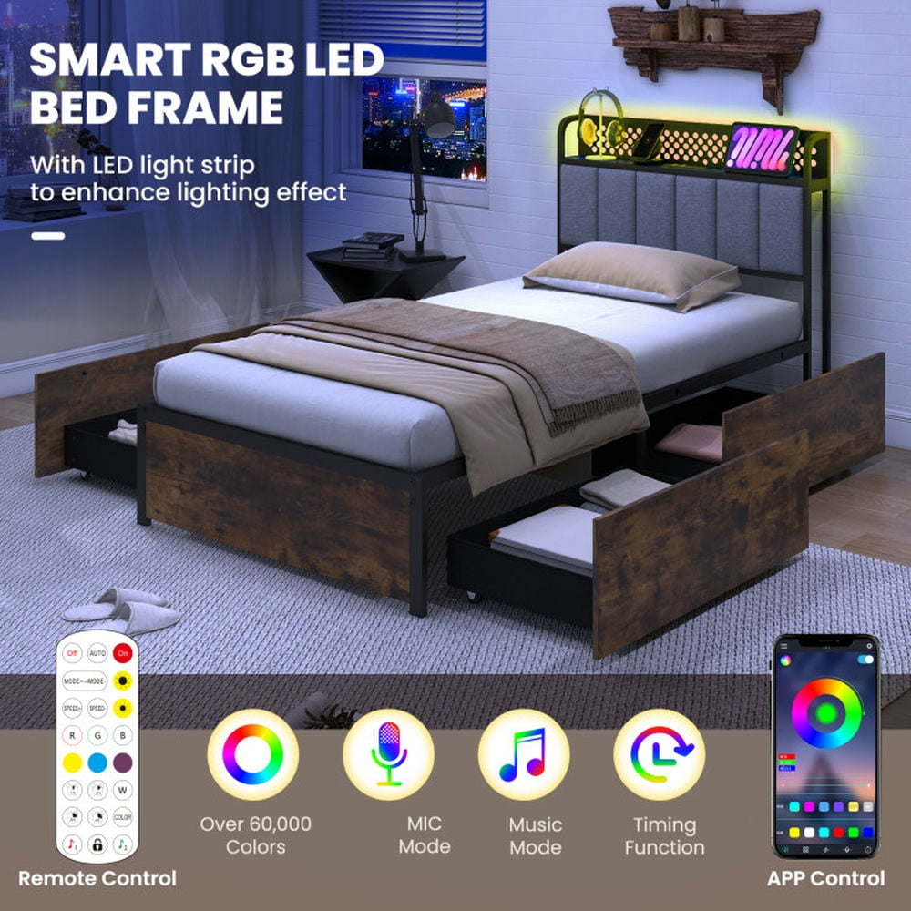 Resenkos Modern Bed,Frame Bed, Twin/Full/Queen Bed Frame with LED Lights Upholstered Headboard and 4 Storage Drawers-Twin size