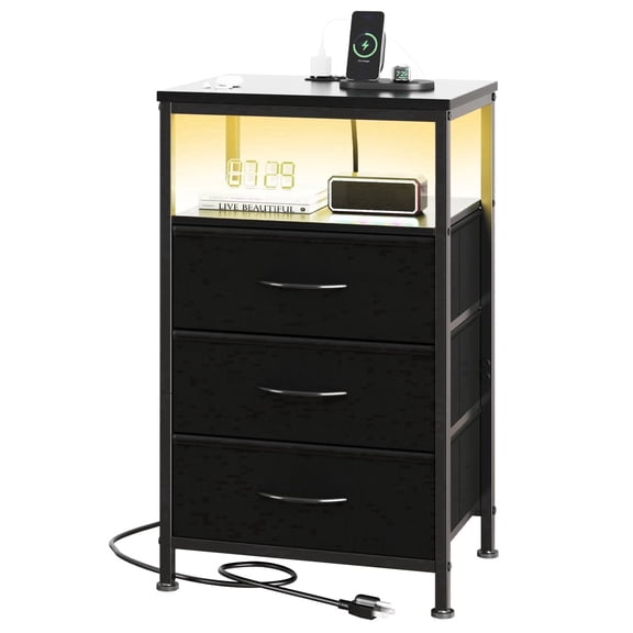 EDX Nightstand with 3 Fabric Drawers, Charging Station with USB/Type-C Ports and Outlets, Adjustable Feet and Light Strip for Bedroom, Black