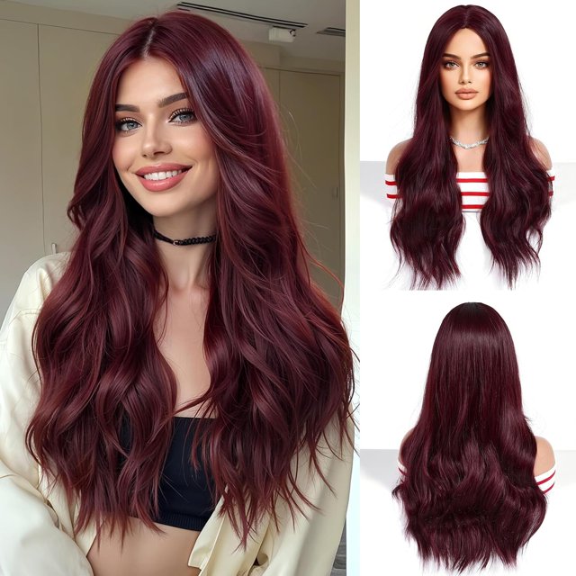 Yanonmyfd 24 Inches Long Wavy Purple Wig for Women Natural Synthetic Hair Heat Resistant Ombre Wigs with Dark Roots for Daily Party Cosplay Wear