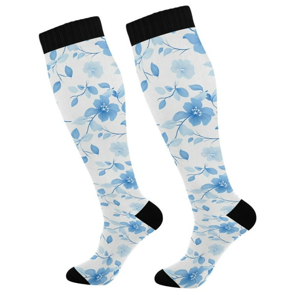 Haosy Compression Socks for Men Women Knee High Running Socks for Nurse Hiking Recovery Travel Athletic 2 Pairs Blue Flower and Leaf