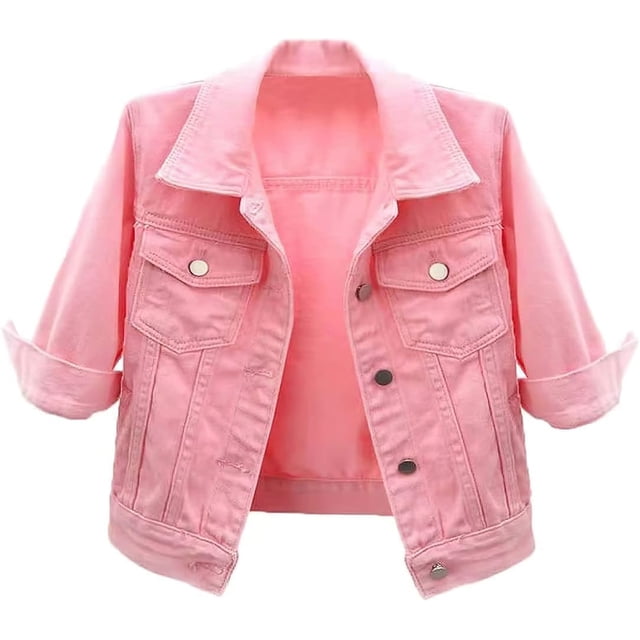 loveimgs Veste en Jean Courte Décontractée pour Femmes à Manches 3/4 avec Boutons Veste Courte de Moto