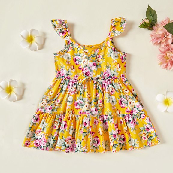 Vedolay Long Dress Floral Girls Tea Party Dress Summer Casual Vintage Kids Maxi Dress,Yellow 12-18 Months