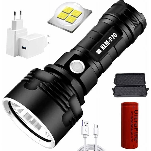 Waterproof, Rechargeable, 3 Modes, 50W XLM-P70, Single Lithium Battery Ultra-Bright 30K-100K Lumens LED Flashlight
