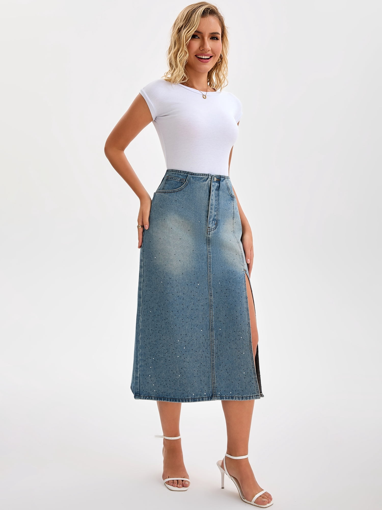 DARING DIVA Women's Midi Denim Skirt Side Split Rhinestone Jean Skirts XX-Large Gray Blue