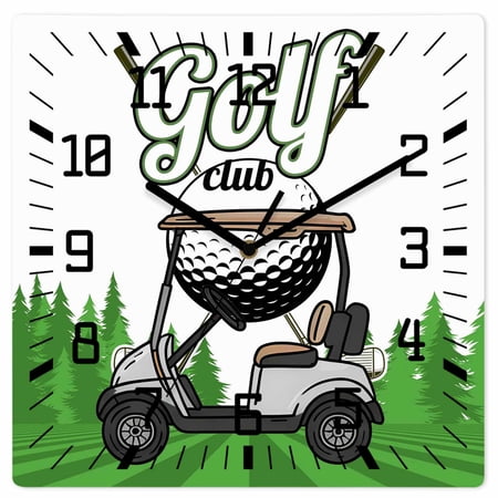 Golf Wooden Wall Clock Silent Non Ticking, Green Forest Tree Balls Clubs Sports Cartoon Square Wall Clocks Battery Operated, Decor Clock for Home Office, Living Room, Kitchen, 10 Inch