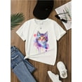 thumbnail image 1 of T-Shirt d'Été pour Filles avec Chat Dessin Animé - Mélange de Polyester Doux et Extensible, Imprimé Chaton Aquarelle Vibrant, Col Rond Décontracté Manches Courtes, Disponible en Plusieurs Couleurs, Haut d'Été pour Filles / Graphique Vibrant, 1 of 5