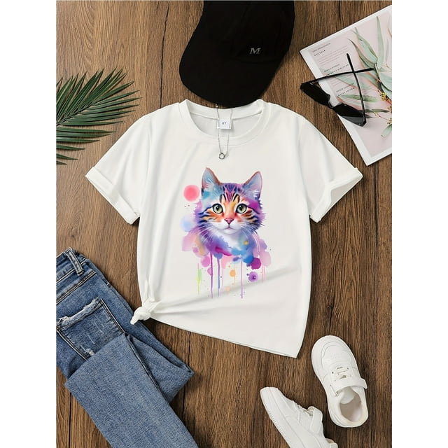 T-Shirt d'Été pour Filles avec Chat Dessin Animé - Mélange de Polyester Doux et Extensible, Imprimé Chaton Aquarelle Vibrant, Col Rond Décontracté Manches Courtes, Disponible en Plusieurs Couleurs, Haut d'Été pour Filles / Graphique Vibrant