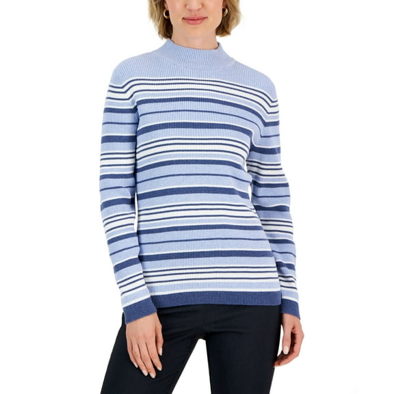 Karen Scott Womens Striped Cotton Mock Neck Sweater Light Blue Heather Combo XL