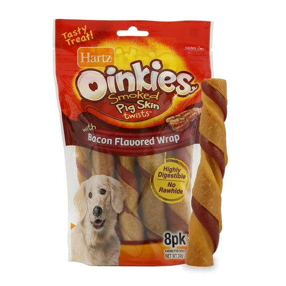 Hartz Oinkies Rawhide-Free Bacon Wrapped Smoked Pig Skin Twists Dog Treats, 8.7oz (8 Count)