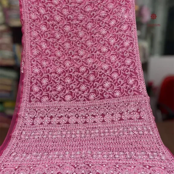 Cerise Pink Chikankari Hand Embroidered Saree