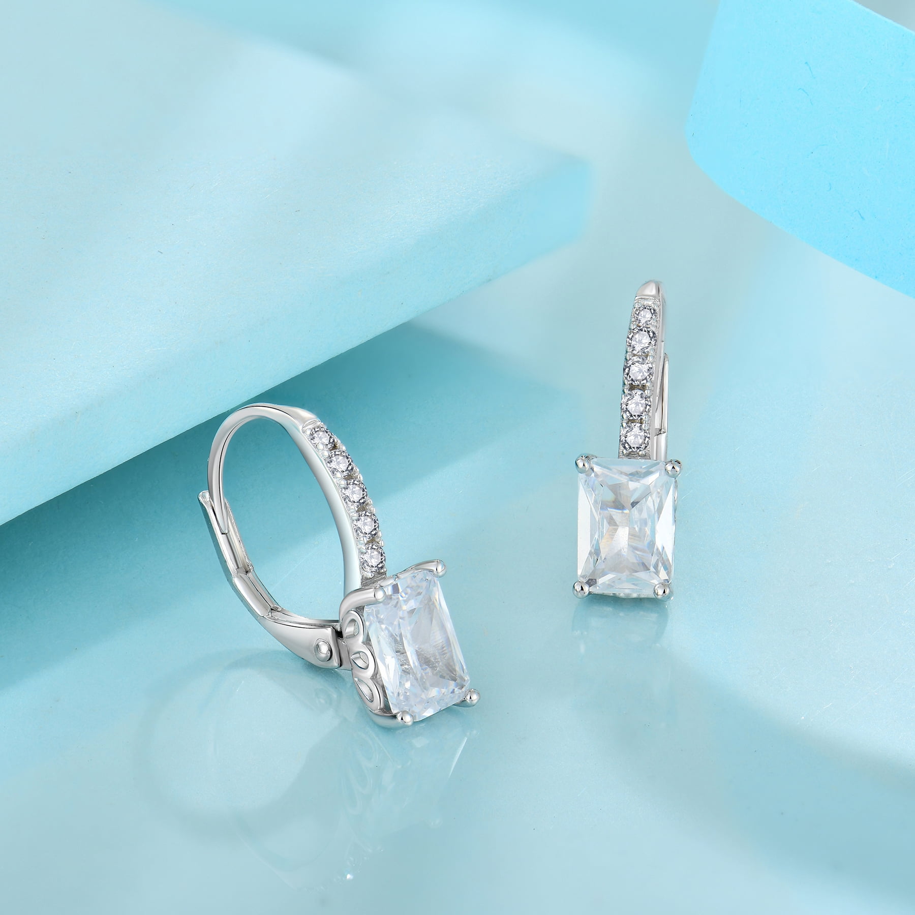 FJ Princess Cut Dangle Drop Earrings 925 Sterling Silver Square Leverback Earrings April Birthstone Cubic Zirconia Jewelry Gifts for Women
