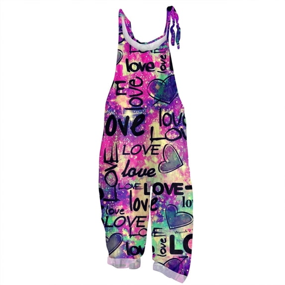 VNKIDY Womens Letter Print Overalls Tie Shoulder Straps Loose Fit Jumpsuit With Vintage Heart Patterns Casual Boho Style Trousers For Summer Daily Wear Hot Pink M