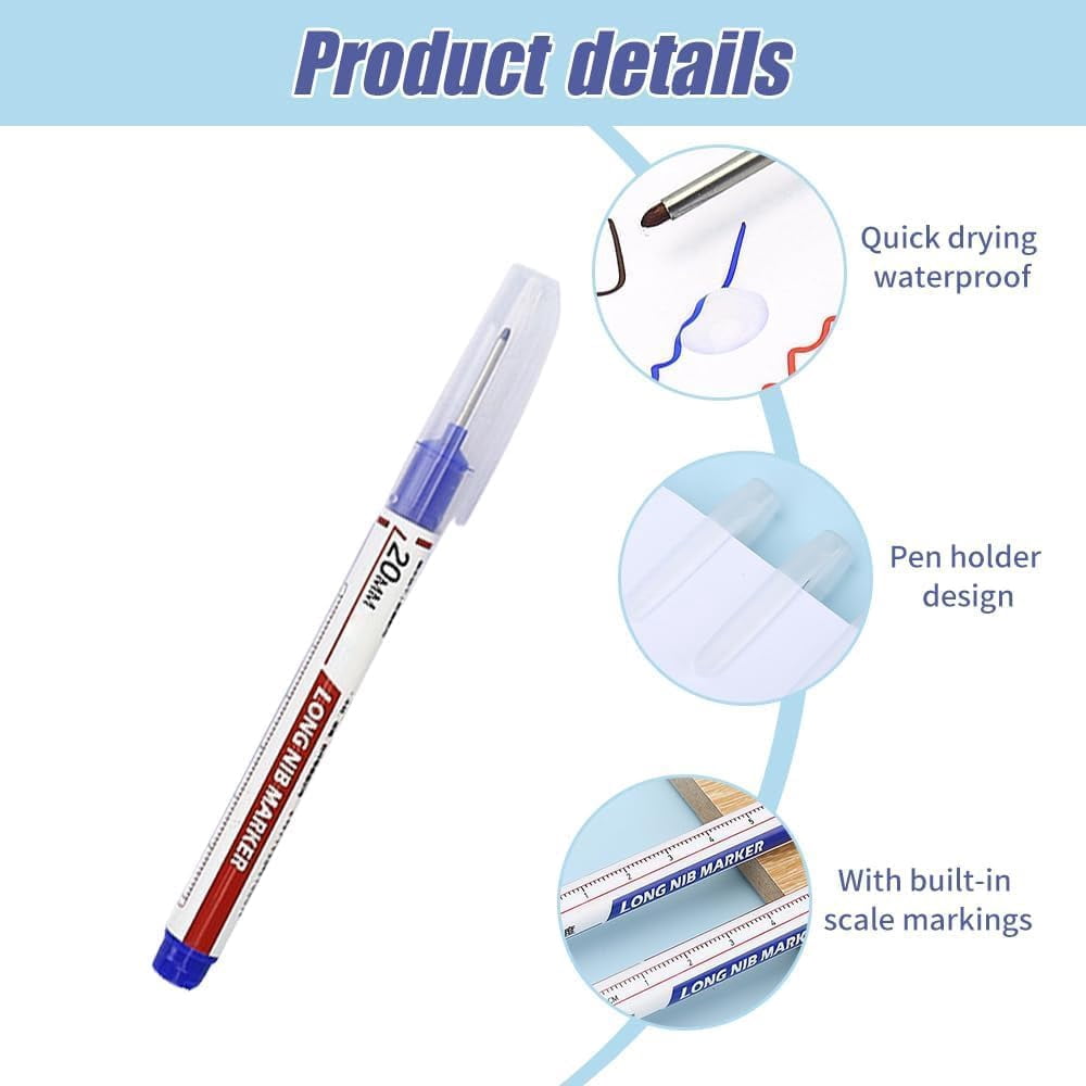5PCS Long Head Deep Hole Marker Pens, 20mm Deep Reach Markers, Waterproof Construction Markers Marking Tool, Long Nose Marker, Permanent Markers Carpenter Ink Marker Pens, Metal Marking Pen