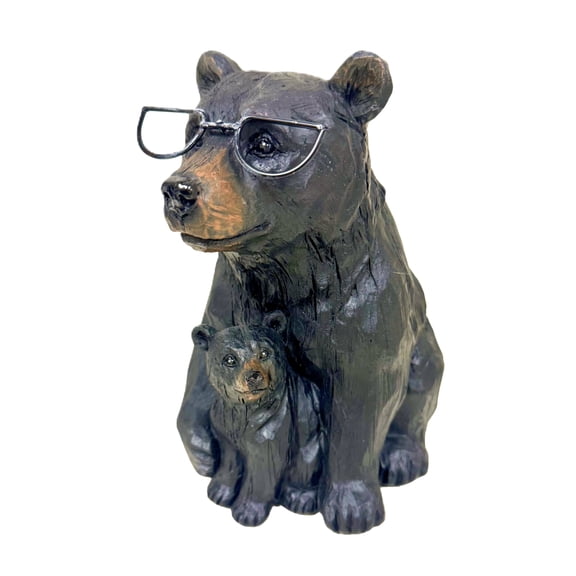 Resin Black Bear with Metal Glasses and Cub Figurine, Whimsical Rustic Cabin Tabletop Decor, Woodland Animal Sculpture for Shelf and Desk, Unique Wildlife Office Accessory and Heartwarming Gift