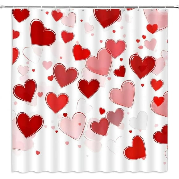 Rideau de Douche Cœur Rouge Saint-Valentin Couple Amoureux Amour Doux Romantique Simple Mariage Rose Femmes Filles Chéri Abstrait Ensemble de Rideaux de Salle de Bain Tissu Polyester Crochets 35 X 70 Pouces