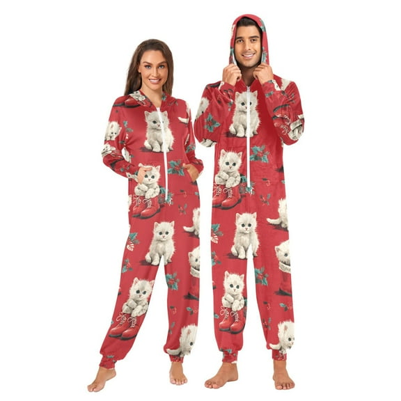 Adult Christmas Onesie White Cat Shoes Pattern Zipper One-Piece Pajamas Unisex with Pockets