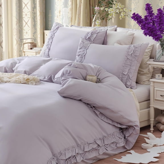 Lavender Purple Cotton Ruffled Duvet Cover Set King, Vintage Shabby Chic Farmhouse Pink Clay Bedding Set Coquette Aesthetic French Country Comforter Cover