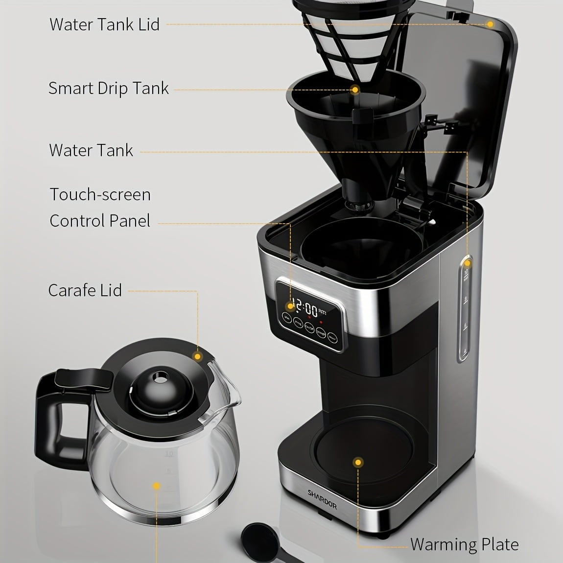 10-Cup Programmable Drip Coffee Maker with Touch-Screen, Pause & Serve, Stainless Steel, Black.