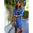 thumbnail image 1 of Robe en Denim pour Femmes Été à Manches Longues Décontractée Ample Hauts Mini Robe Chemise P-2TG, 1 of 5