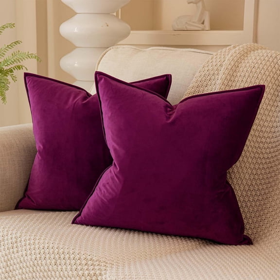 Decorative Velvet Pillow Covers 24x24 Inch Set of 2, Soft Cushion Cases with Hidden Zipper for Sofa Bedroom Living Room, Purple