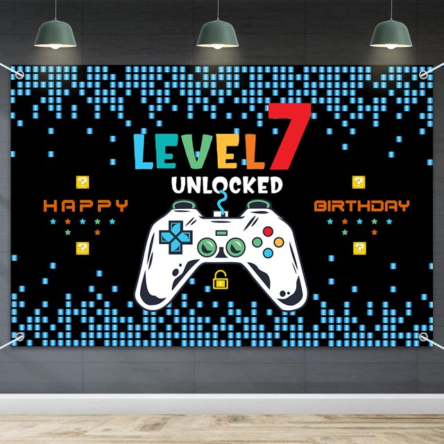 Hamigar Fondo Baner De Feliz 7º Cumpleaños De 6X4Ft - Nivel 7 Desbloqueado Decoraciones De Cumpleaños Suministros Para Fiestas Para Niños - Azul
