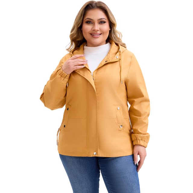 Abrigo de trench con capucha para mujer de tallas grandes GRACE & GRANDEUR, resistente al viento, con cierre de cremallera y botones, chaqueta de invierno con bolsillos 3X dorada