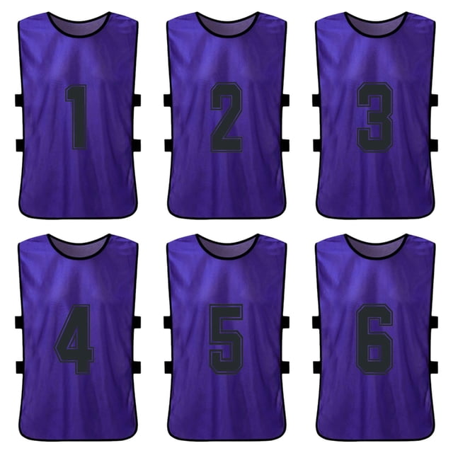 Tignapoo 6-Pack Adult Reversible Team Vests with Numbers 1-6, Purple - Lightweight and Breathable Sports Gear for Football & Basketball Practice