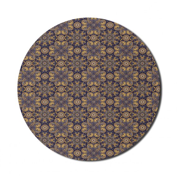 Mandala Mouse Pad for Computers, Eastern Revival Curlicues Leaves and Rich Flora, Round Non-Slip Thick Rubber Modern Gaming Mousepad, 8" Round, Earth Yellow Indigo, by Ambesonne