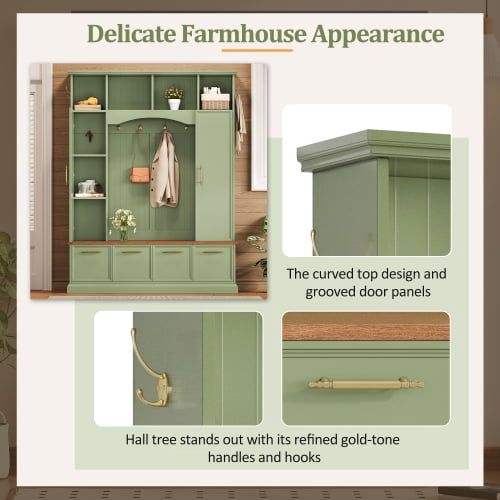 4-in-1 Farmhouse Wooden Hall Tree with Golden Hooks & Handles, Walnut Entryway Bench, Adjustable Shelves, 76.7" Tall Coat & Shoe Rack for Mudroom, Green