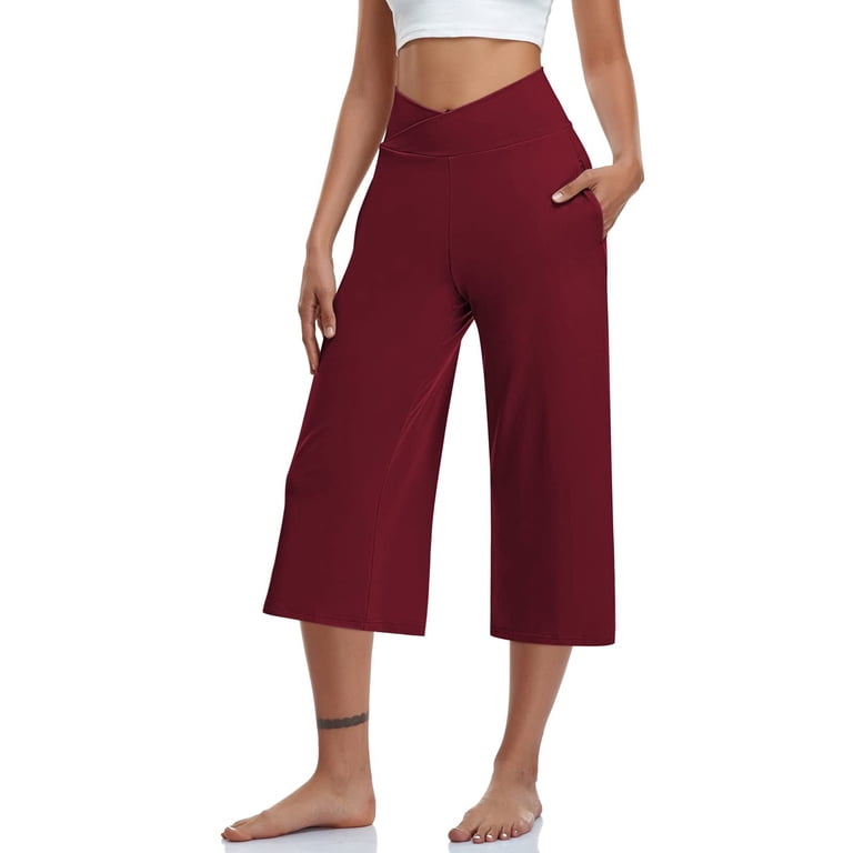 3 Packs Hiking Capri Pants with Pockets for Women Wide Leg Elastic