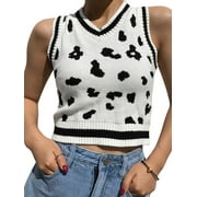 Okbabeha Women’s Knit Sweater Vest Cow Print Sleeveless Pullover Slim Fit Crop Tank Top