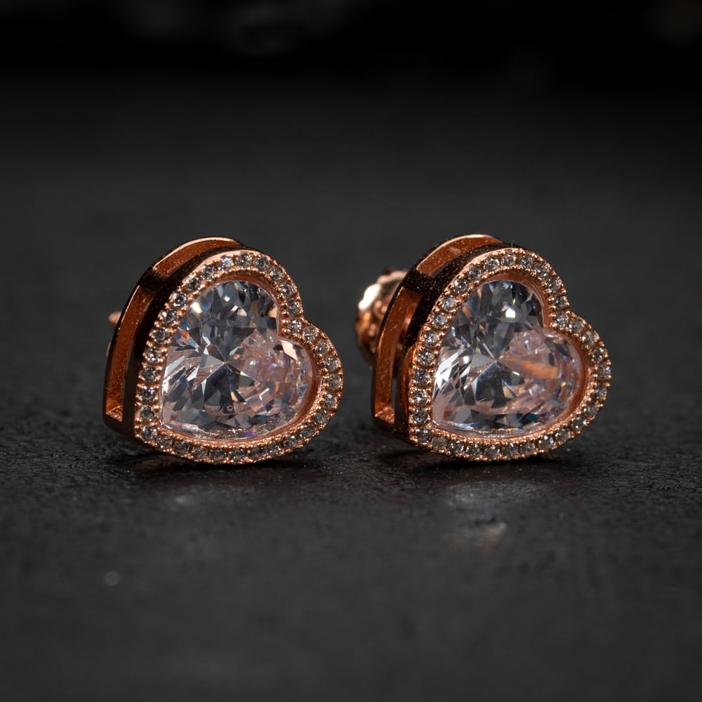 Women's Rose Gold 925 Sterling Silver Heart Shaped Screw Back Cz Stud Earrings