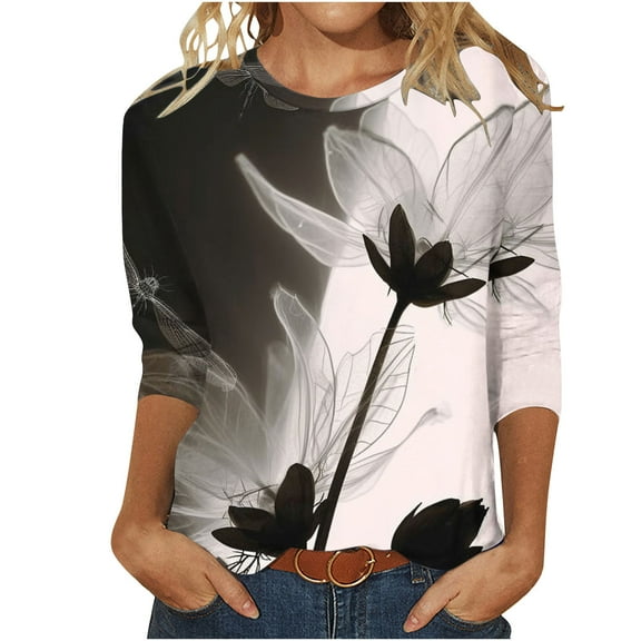 Women's Tops Dressy Casual Vintage Tie Dye Ombre 3/4 Sleeve Tunic Tops Loose Fit Flowy Spring Elegant Shirts Round Neck Blouse Summer Clothes for Teen Girls Fashion 2024 Multicolor T Shirts S