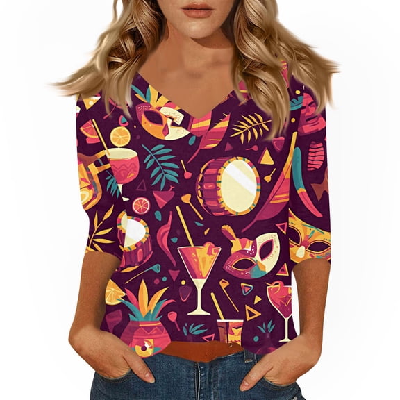 Dresfit Women's Mardi Gras Shirts V Neck Graphic Party Tunic Top 2026 Sequin Glitter 3/4 Sleeve Holiday T-Shirt Carnival Mask Printed Parade Blouse Dark Purple M