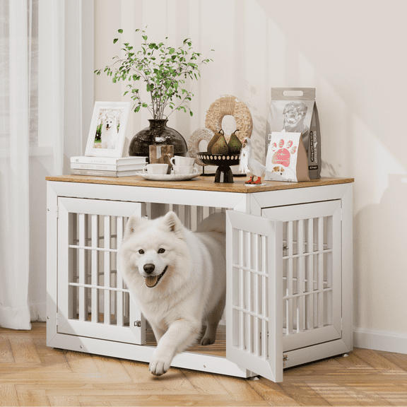 Snuowu 42" Heavy Duty Dog Crate Furniture for Small,Medium and Large Dogs,Rustic Wooden Dog Cage Kennel Indoor Furniture with Waterproof Top,Decorative Pet House Side End Table (White & Wood)
