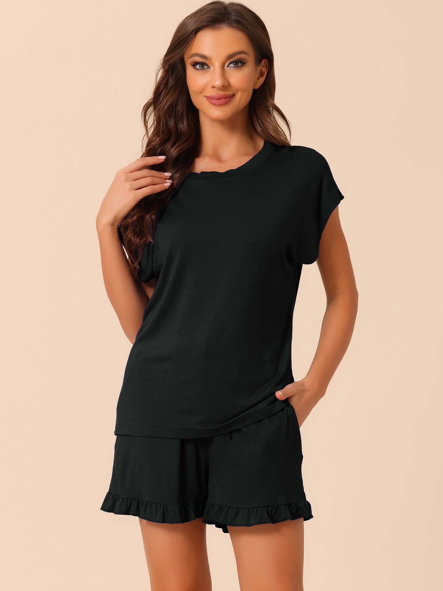 DARING DIVA Women's Lounge Pajamas Short Sleeve Tops with Shorts Pockets 3XL Black