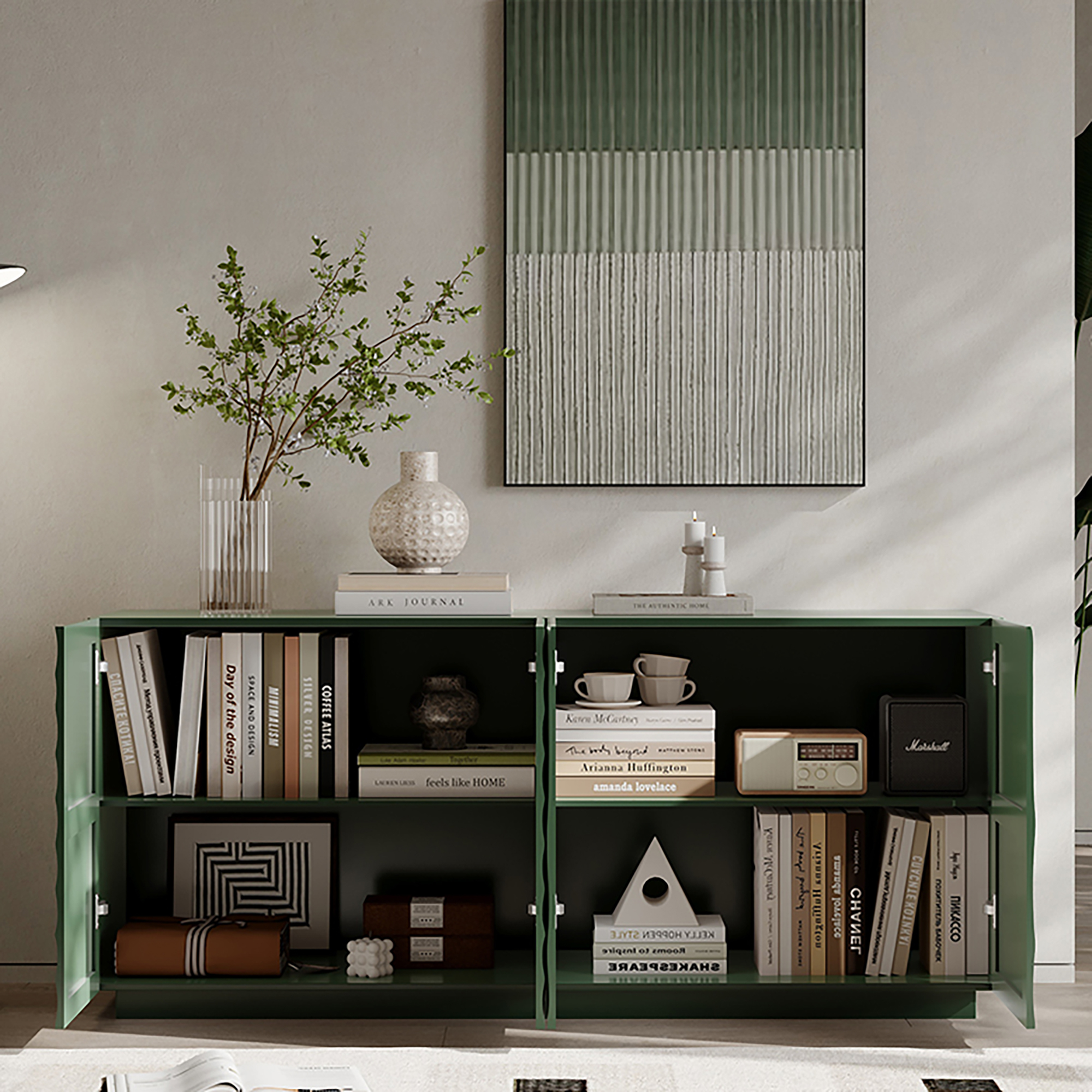 Leumius 59" Wide Modern Buffet Cabinet with 4 Storage Doors, Freestanding Luxury Sideboard Cabinet with Anti-Toppling Device, Accent Storage Buffet for Kitchen, Living Room Green