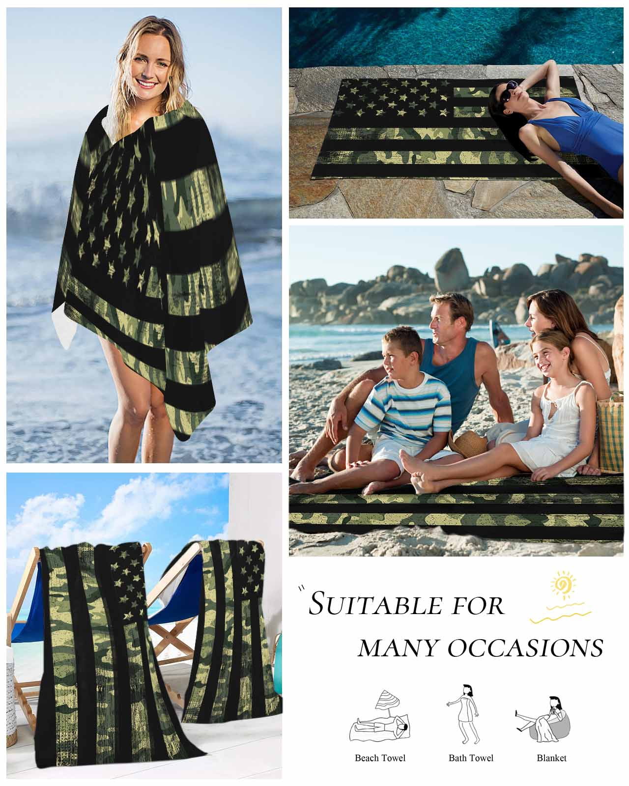 Green Camouflage American Flag Beach Towels Oversized Super Absorbent, Wooden Grain Lightweight Bath Towel Quick Dry Sets For Bathroom/Pool/Rv Camping/Beach Play/Gym Room/Picnic 35"x70"