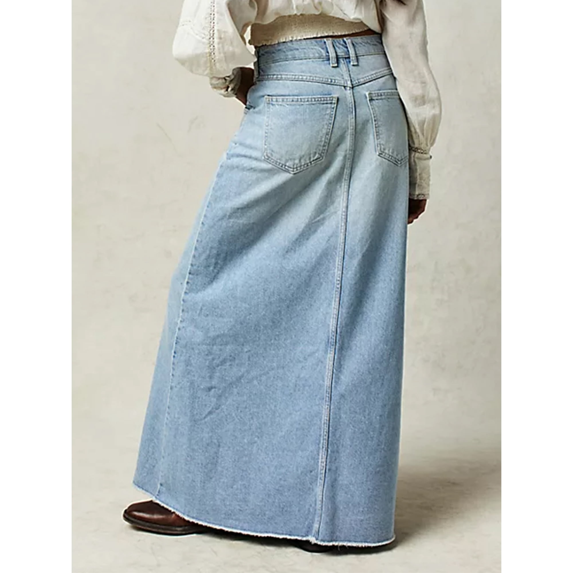 Nituyy Women s Mid Waist Denim Skirt Solid Color Long A line Skirt with Pockets for School Work Shopping