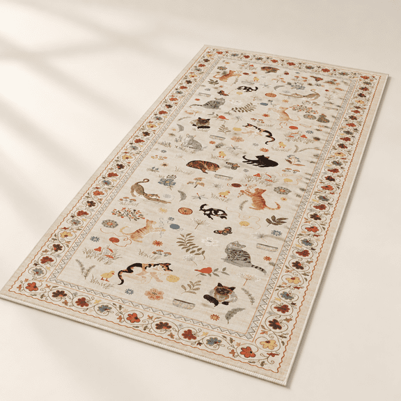 Runner Rug 2x5 Washable Non Slip Florall Cat Beige