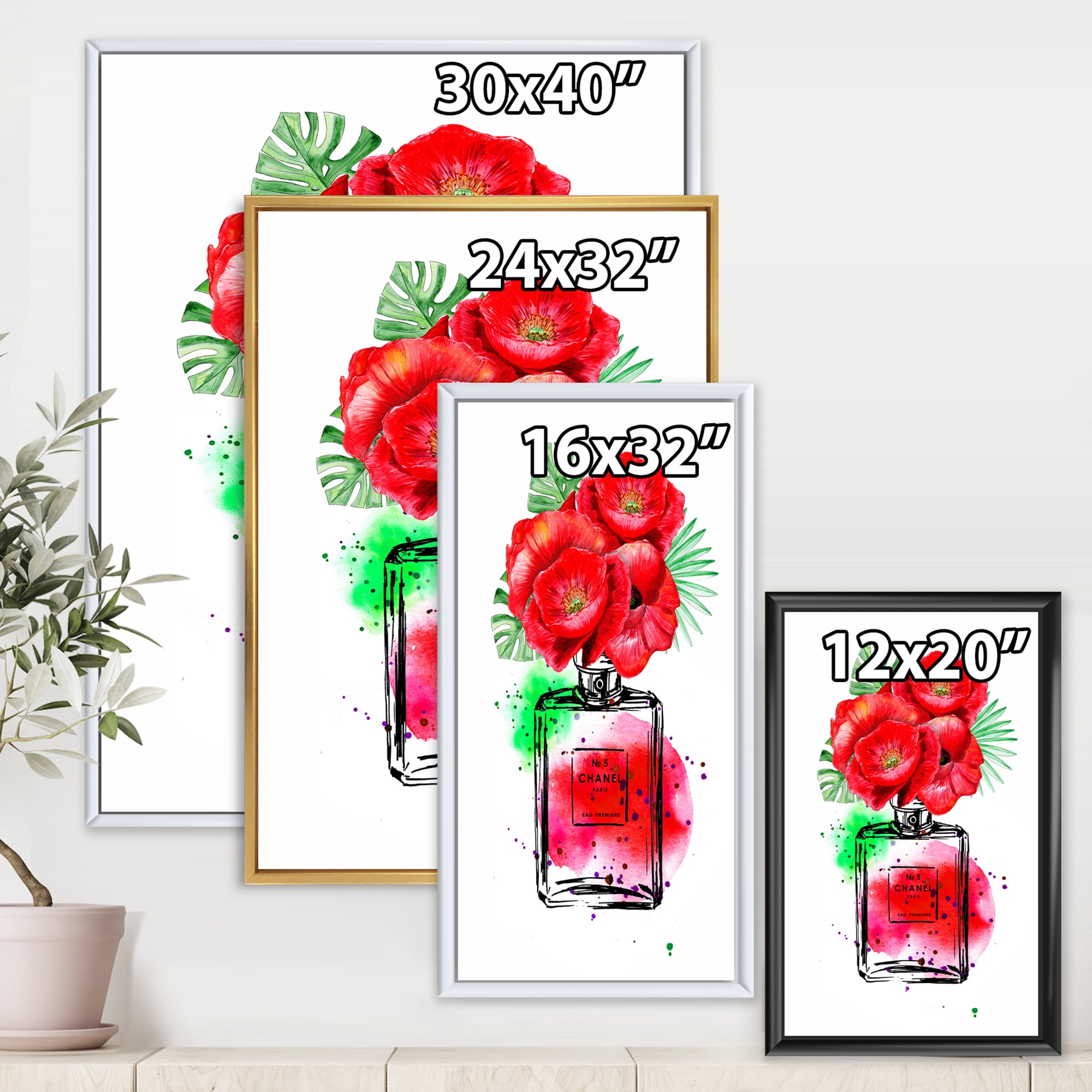 Perfume Chanel Five With Red Flowers 24 in x 32 in Framed Painting Canvas  Art Print, by Designart