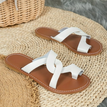 Going Outfits - Women s Toe Loop Slide Sandals  Faux Leather Slide Sandals Casual Cross Strap Flat Shoes-36