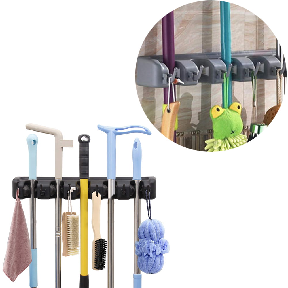 2-in-1 Wall Mounted Mop and' Broom Rack Holder Hanger Organizer with 6 Hooks 
