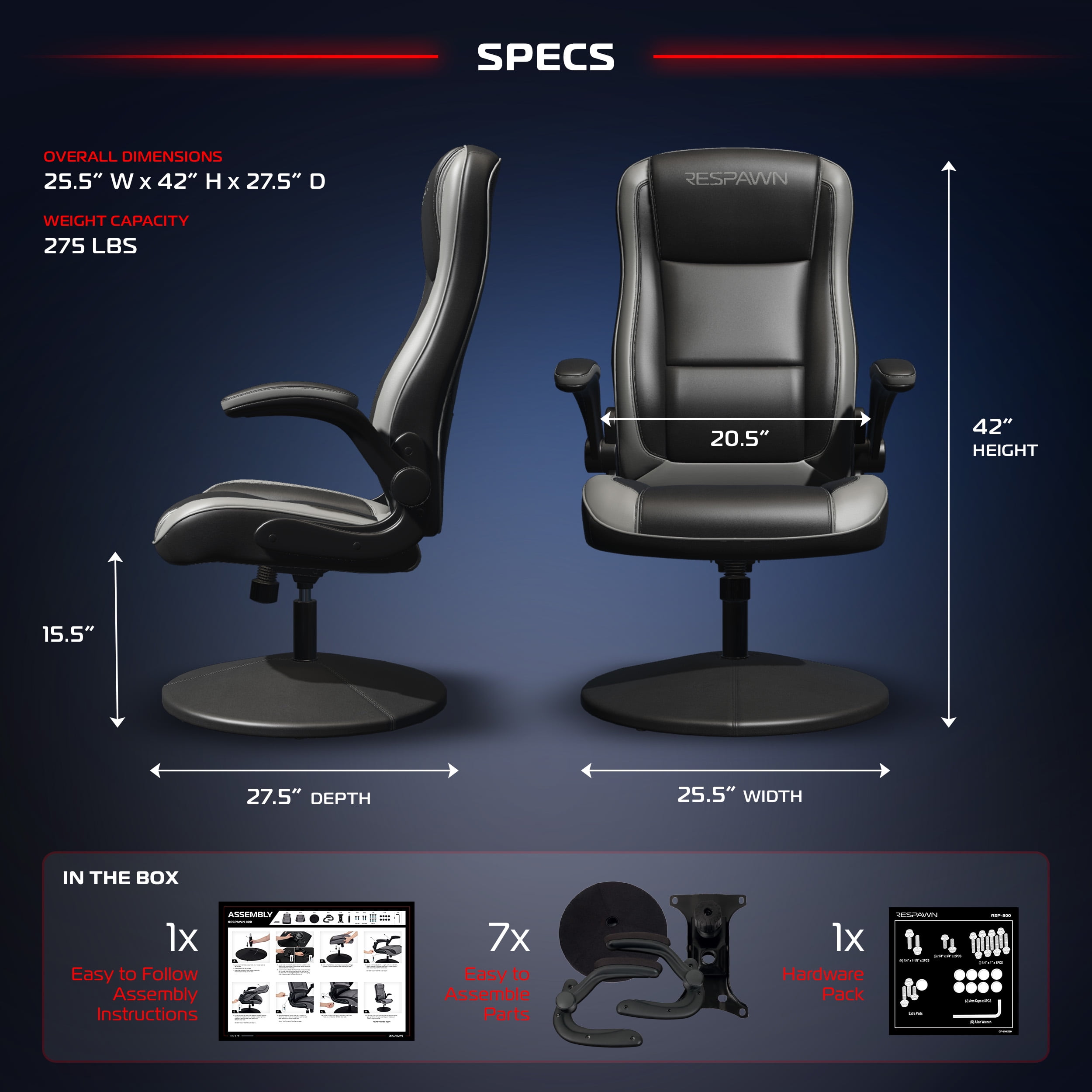 RESPAWN 800 Swivel Rocker Gaming Chair - Ergonomic Floor Gaming Seat with Lumbar Support, Flip Up Armrest, High Back, Pedestal Base, Comfortable No Wheels Console Video Game Rocker Chair - Gray